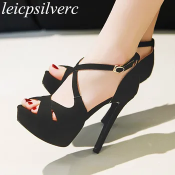 

Women's Sandals Super High Heel Buckle Peep Toe Thin Heel Platform Flock 2019 New Sexy Fashion Sweet Party Beige Big Size 34-43