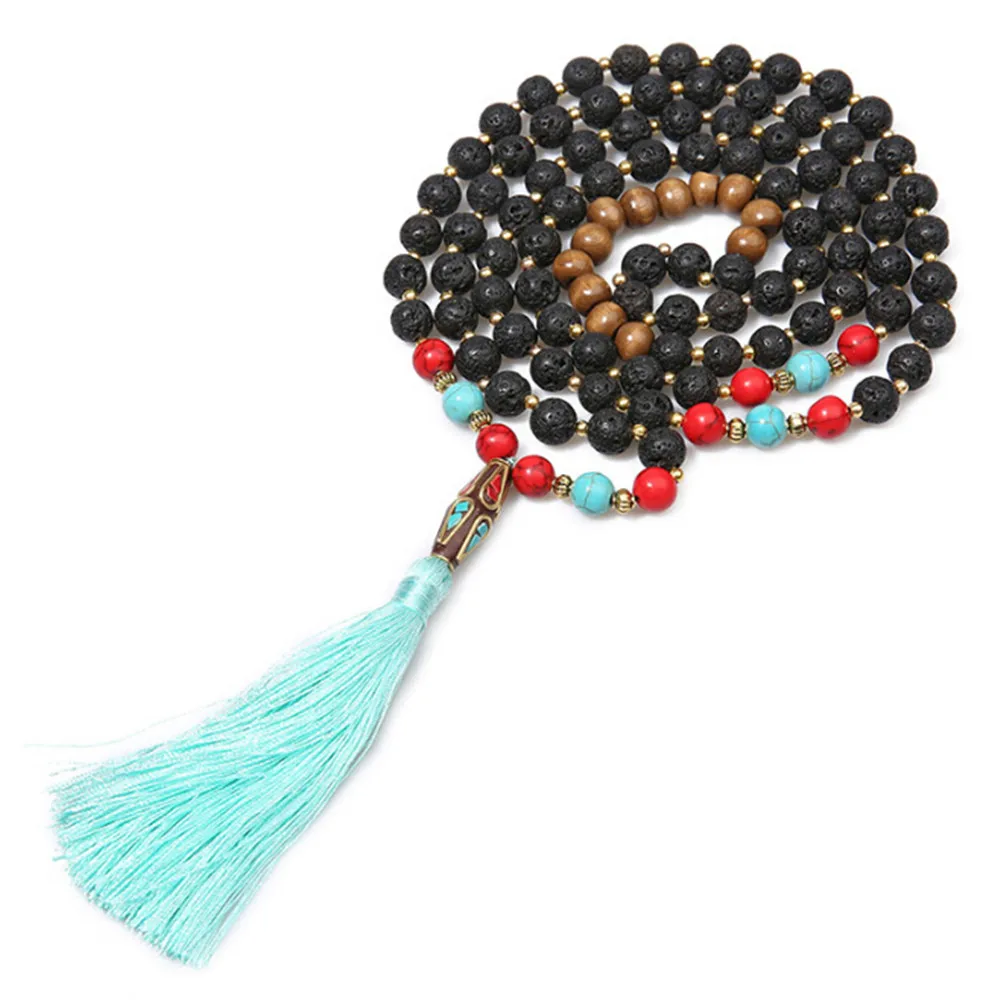 

Retro 8mm Natural Volcanic Stone Necklace Nepal Pendant Long Fringed Sweater Chain 108 Yoga Mala Prayer Women Jewelry Wholesale