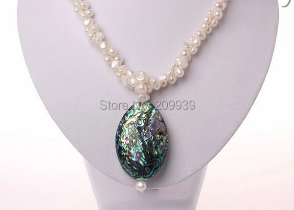 

huij 00926 2strands baroque white pearl necklace abalone shell pendant