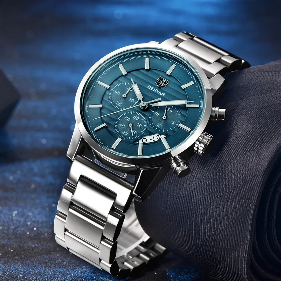 BENYAR Watches Men Chronograph Stainless Steel Calender Water Resistant Formal Wristwatches Man's Casual Male Clock Montre Homme (11)