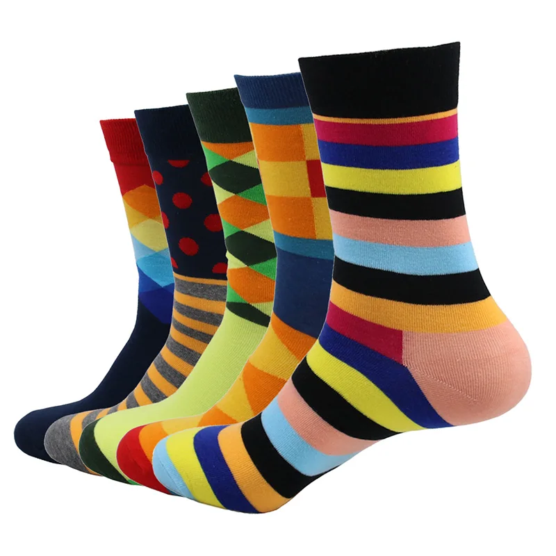 5 Pair/Lot Autumn Men's Colorful Socks Diamond Lattice Striped Cotton