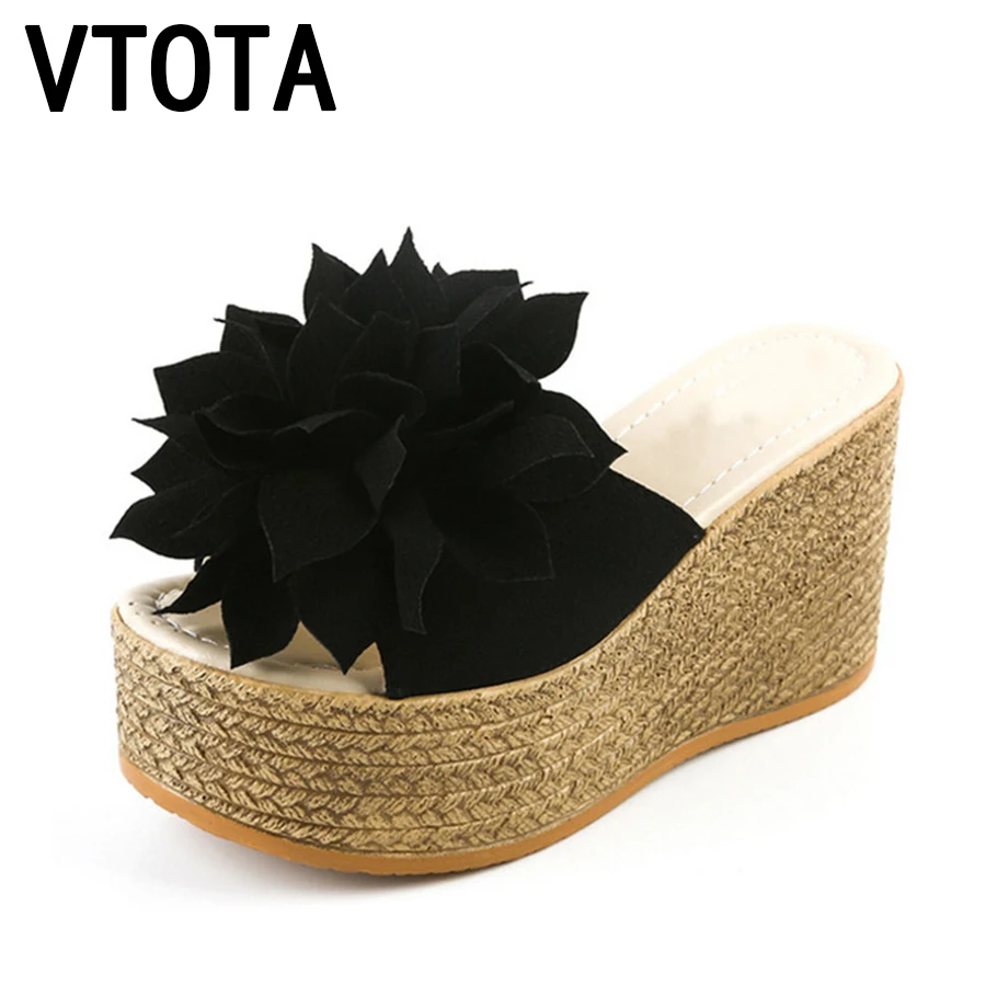 Acheter VTOTA Femmes Pantoufles Doux Femmes Ouvert Orteils Chaussures D été À Talons Hauts Pantoufles Femmes Diapositives Fleurs Cales de Plate Forme Chaussures Femme G62