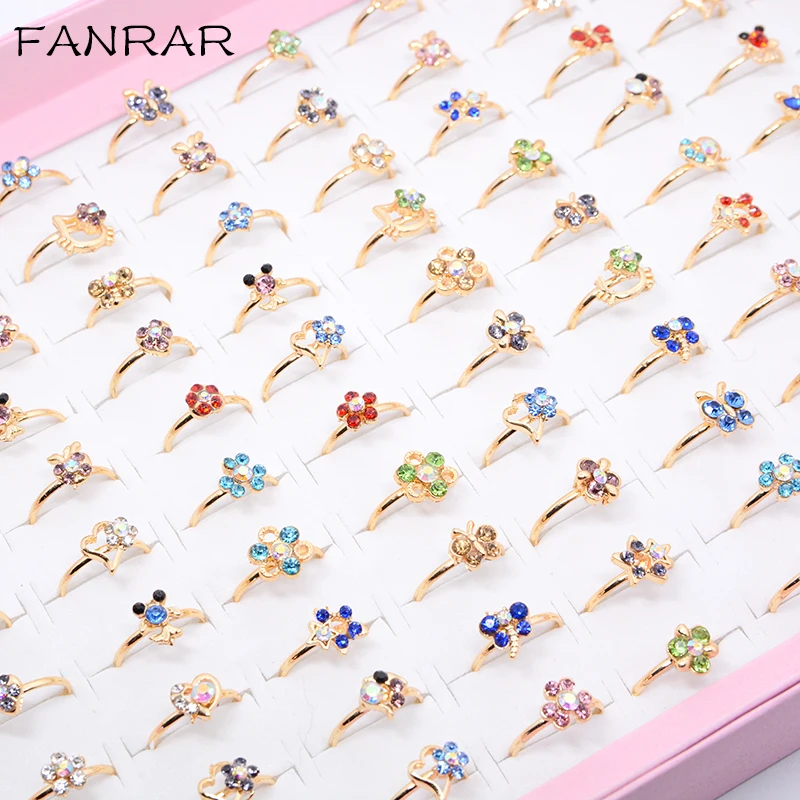 

Wholesale 100pcs Mixed Assorted Flower Gold Mix Styles Colorful Crystal Adjustable Rings Baby Kids Girls Party Gifts Display box