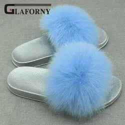 Glaforny 2018 Новое поступление Для женщин летние лисий мех Тапочки Открытый меховые сандалии супер люкс 100% натуральный мех слайды серебряный