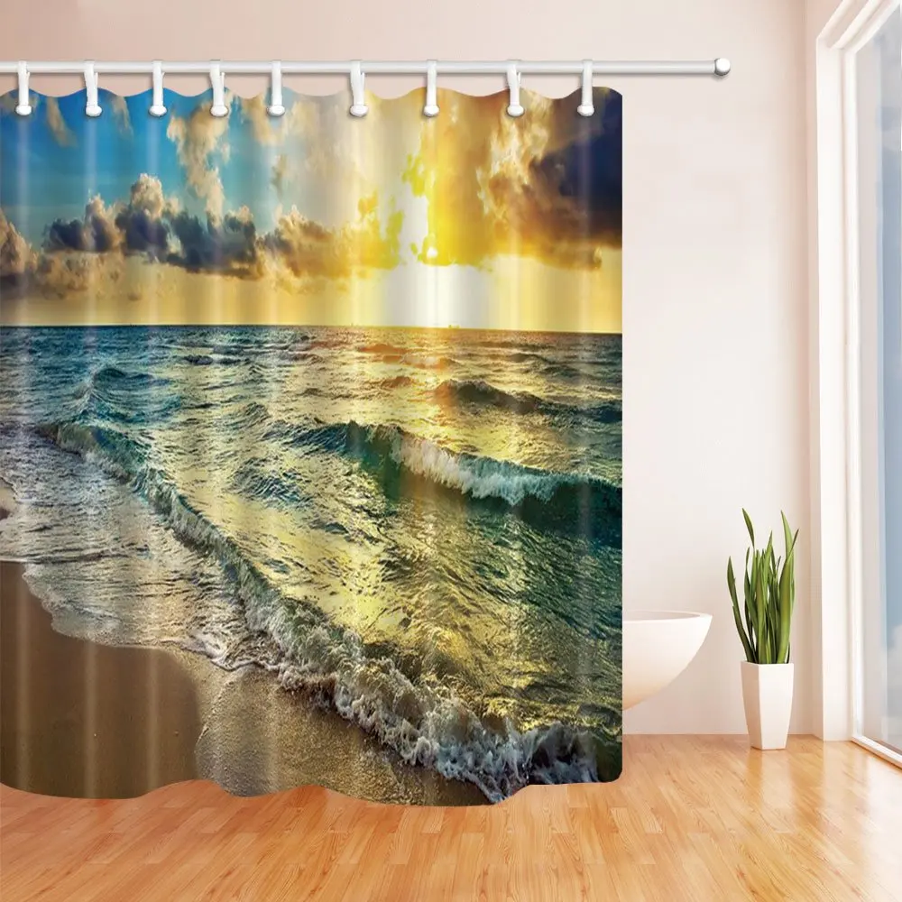 Seascape Shower Curtain Set Sky Cloud Golden Sun Green Sea Waves Beach ...