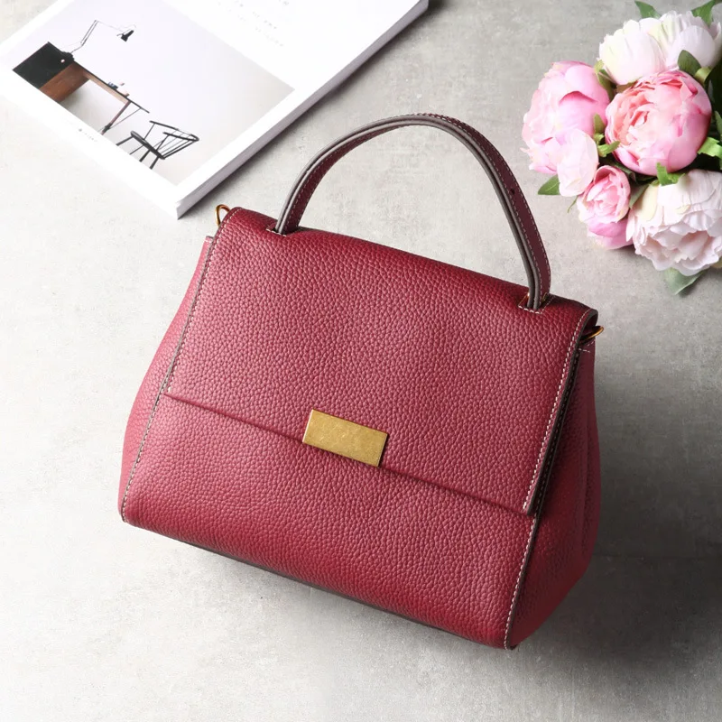 

Vintage Style Brand Design Trapeze Bag Small Women's Shoulder Bag Genuine Cow Leather Female Handbag Bronze Metal Messenger Bag