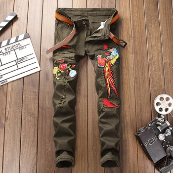 

2019 Spring New Hip Hop Famous Embroidery Phoenix Floral Holes Jeans Army Green Straight Slim Fit Mens Elastic Biker Jeans Pants