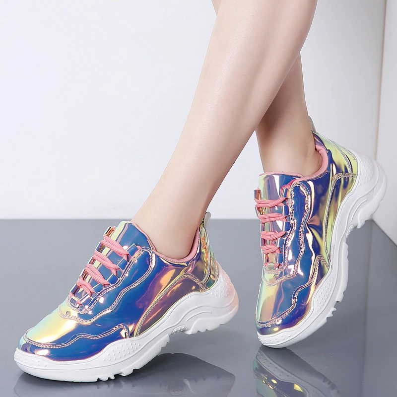 

MIUBU 2019 Spring Sneakers Women Shiny Bling Lace-up Flats Shoes Women Basket Femme Trainers Shoes Chunky Sneakers creepers