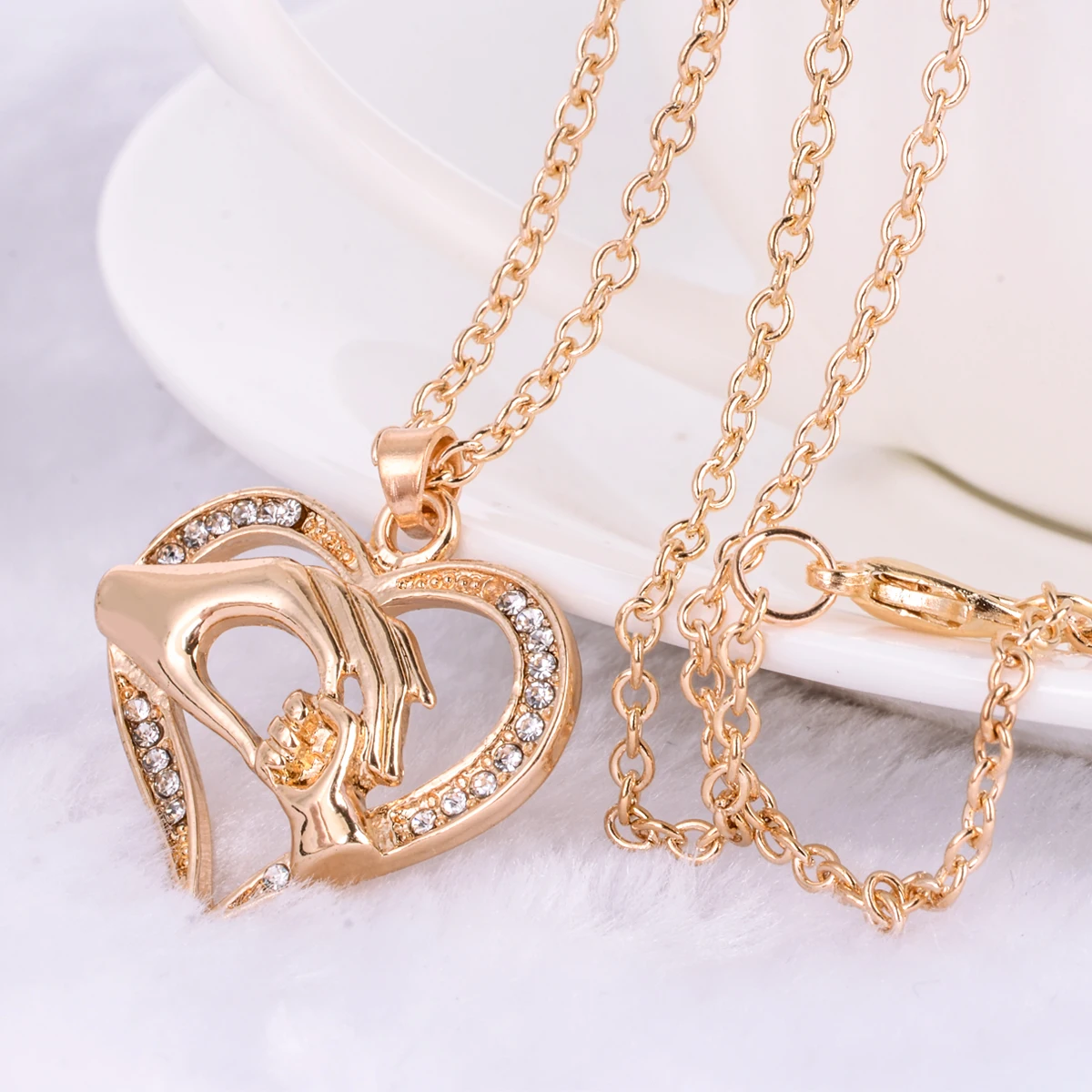 Vintage Collare Mother Child Necklaces Shellhard Crystal Hand in Hand Heart Shaped Pendant Necklace Love Family Jewelry Gift