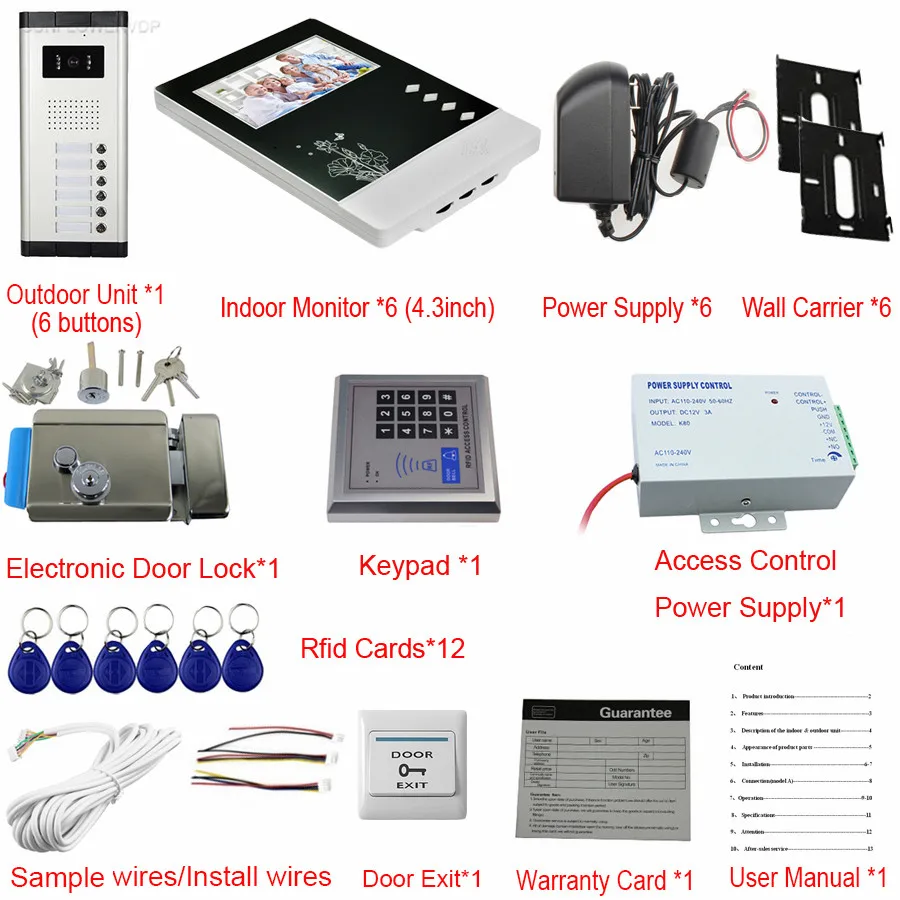 6 шт домашний видео телефон двери 4,3 дюймов ЖК-дисплей и 6 кнопок CCD камера видео домофоны с Eletronic замок+ Rfid Клавиатура система