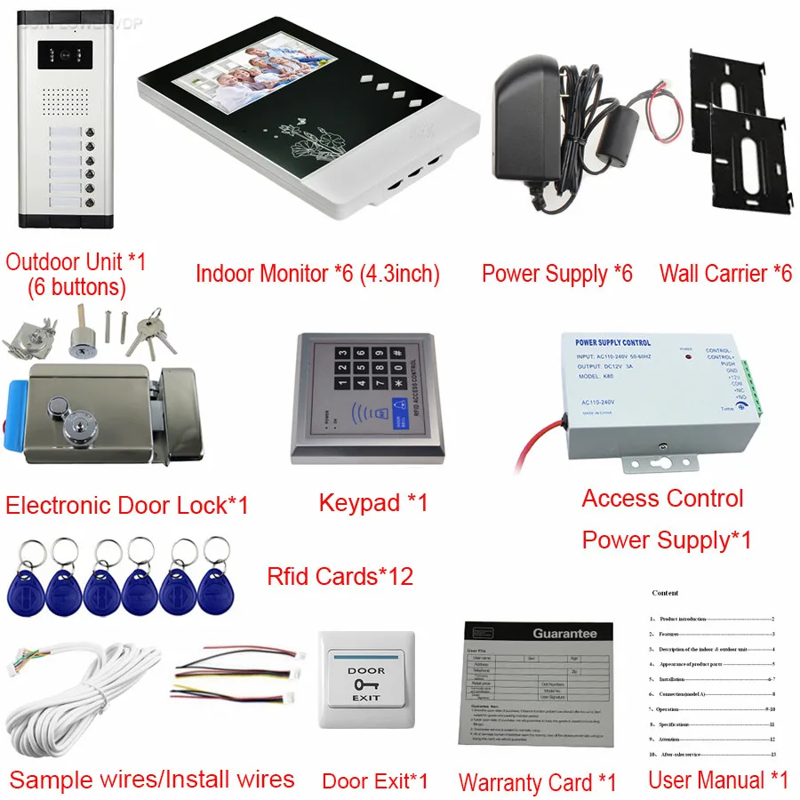 6 Units Home Video Door Phone 4.3 Inches LCD And 6 Buttons CCD Camera Video Intercoms With Eletronic Lock + Rfid Keypad System