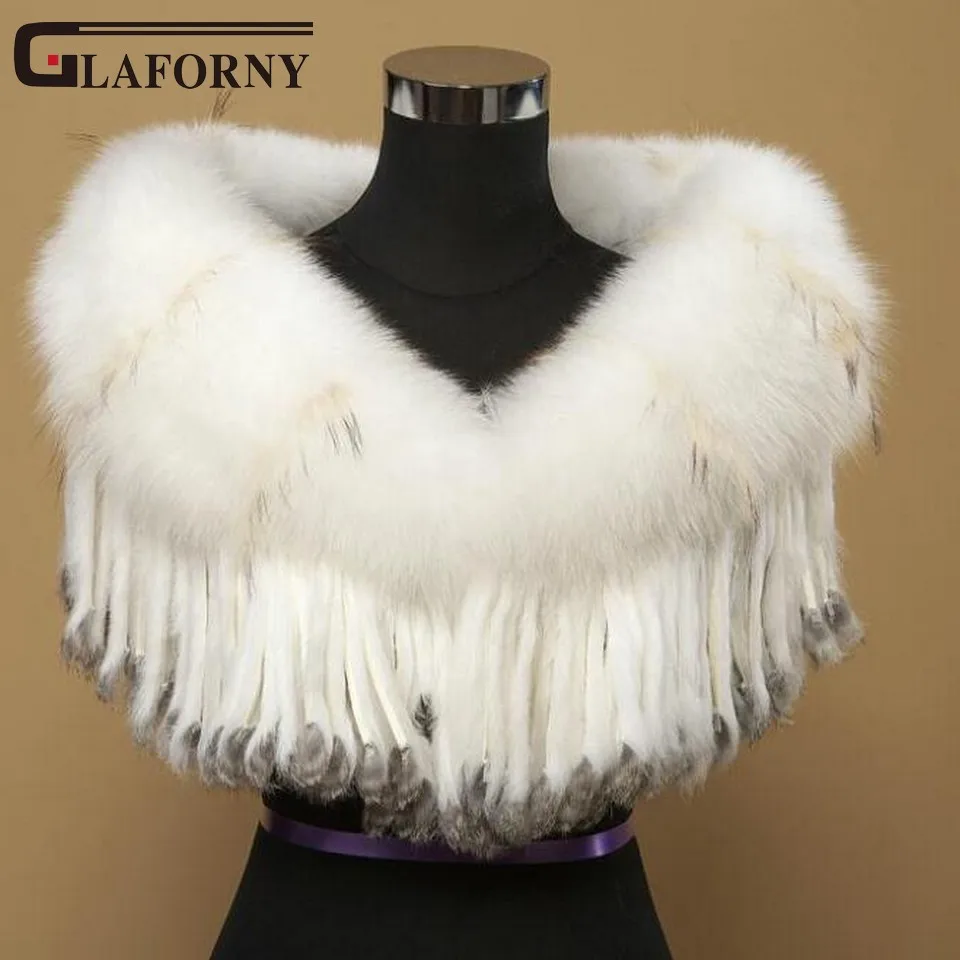 white with fur strip Glaforny, женская модная шаль из лисьего меха, натуральный мех, Пашмина с кроличьим мехом, кисточка, Свадебные меховые шапки - Цвет: white with fur strip