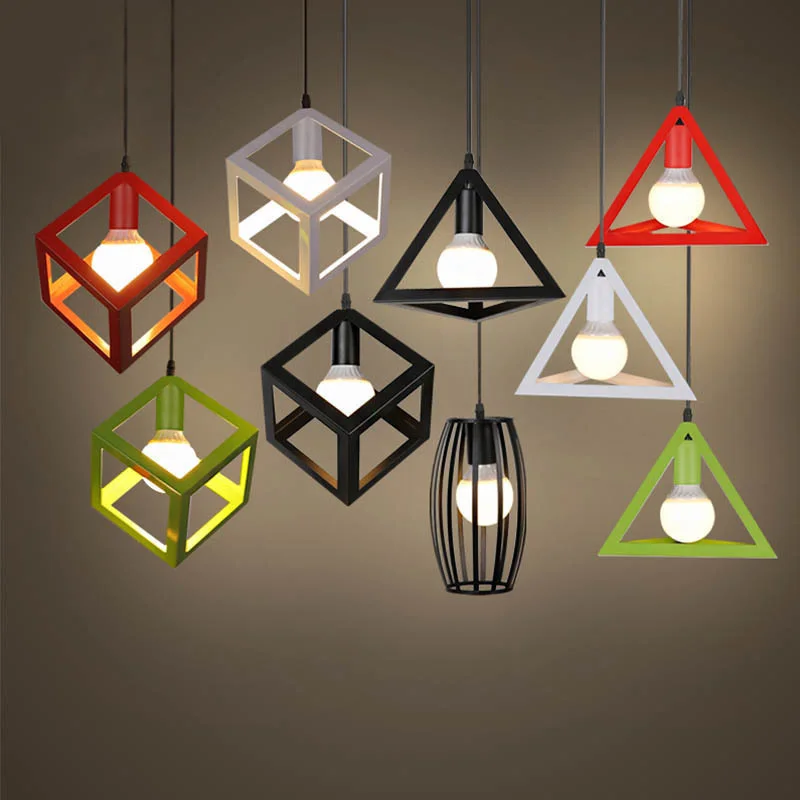 Industrial Wrought Iron Pendant Lamp Cube Triangle Drum Drop Lighting Retro Loft Pendant Light Indoor Lights Restaurant Dining Room Bar Home Light (27)