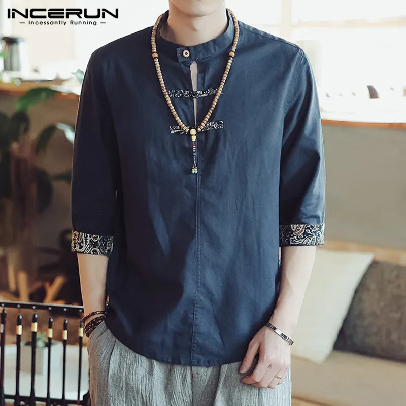 

INCERUN Chinese Style Men Shirts Stand Collar Button 3/4 Sleeve Casual Shirt Men Ethnic Cotton Camisa Masculina Plus Size 2019