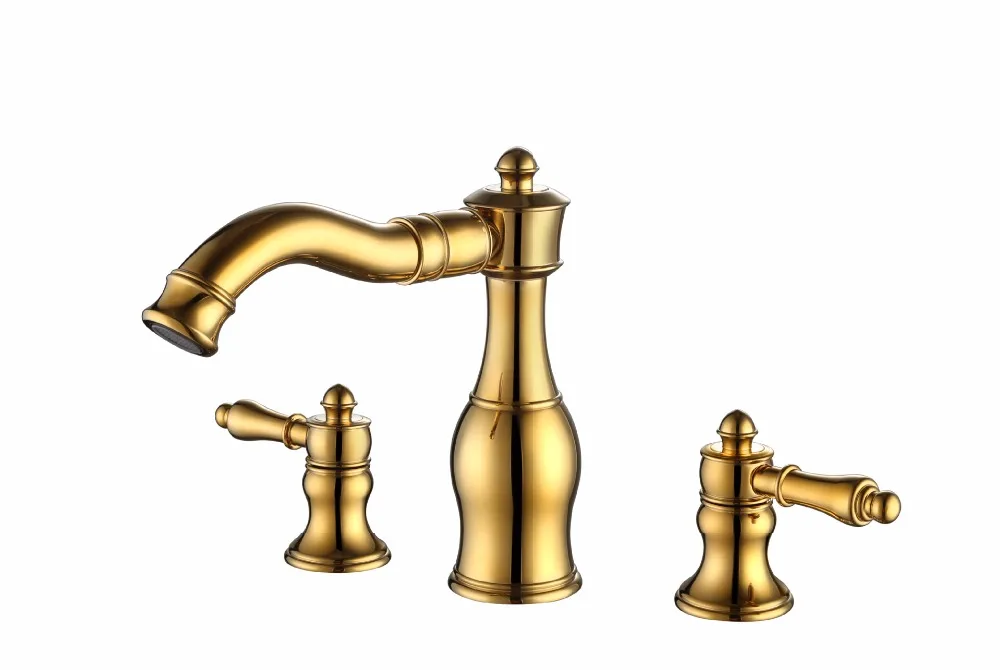 Best качество три отверстия роскошные золотые Ванная комната смесители раковины широкое распространение Ванная комната кран, золотой два