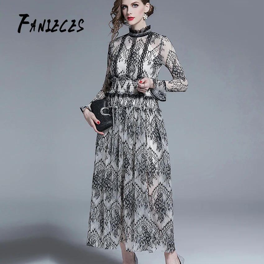 

Top quality Fashion Designer Runway long Dress Summer Autumn Women Flare Sleeve Mesh Embroidery Vintage See through Lace Dress