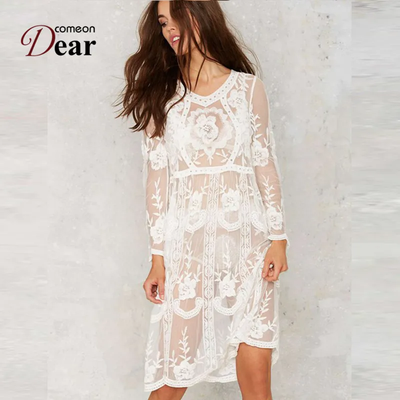 Пляжное платье A289 с длинным рукавом и цветочной вышивкой|dress summer|dress floralknee length |