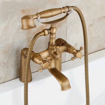 

Antique Brass Deck Mounted Dual Cross Handles Bathroom Tub Shower Faucet Set w / Handheld Shower atf023