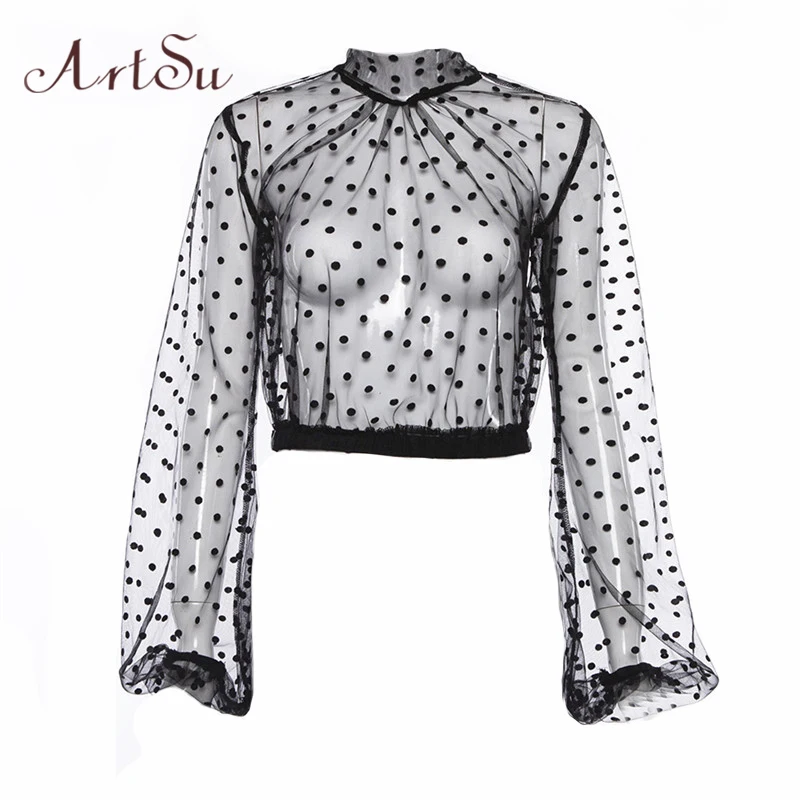 

ArtSu Polka Dot Mesh Top Black Tshirt Long Sleeve Transparent Top Crop Sexy Tee Shirt Femme Stand Collar Casual Tee ASTS20627