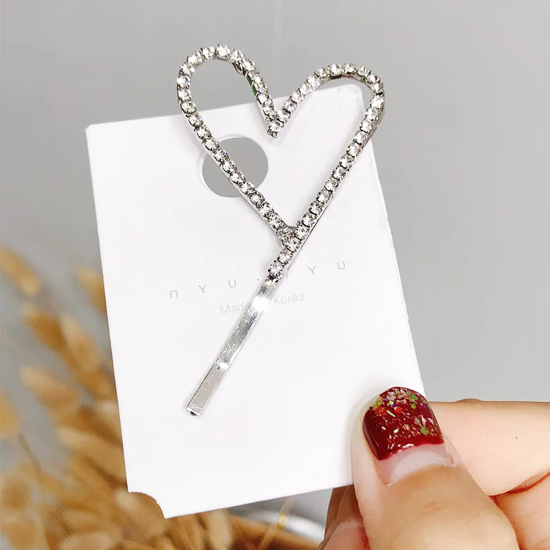 New Women Sweet Shining Crystal Heart Shape Hairpins Cute Hair Ornament Headband Hair Clips Barrettes Fashion Hair Accessories - Цвет: Silver