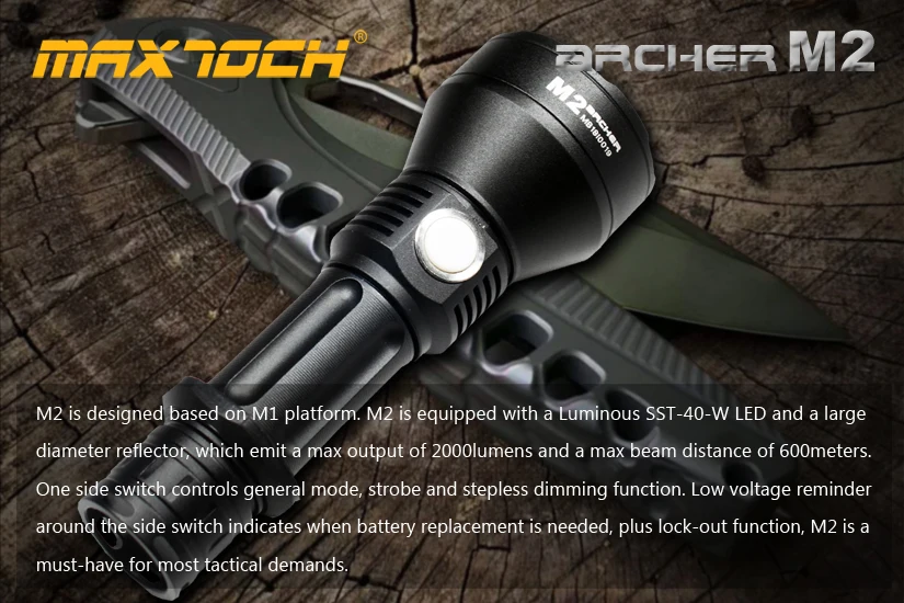 MAXTOCH Archer M2 2000lm, 600 метров+, Luminus SST-40-W P2 светодиодный, бесступенчатая Функция затемнения фонарь, боковой переключатель тактический фонарь