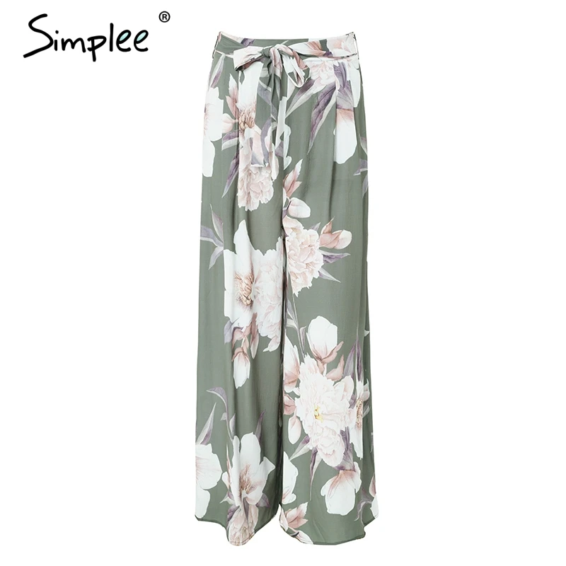 Simplee Sash floral print wide leg pants women Elastic