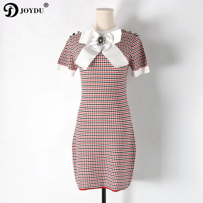 JOYDU 2018 الفاخرة شيك المدرج الصيف فساتين للنساء قصيرة الأكمام محبوك البسيطة منقوشة ضمادة اللباس حبة القوس حزب Vestidos