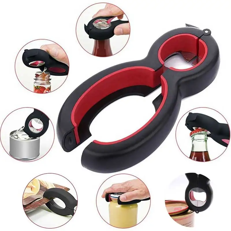 

6 in 1 Multifunction Twist Bottle Opener All in One Jar Gripper Can Red Wine Beer Lid Twist Off Easy Open Claw Kitchen Opener