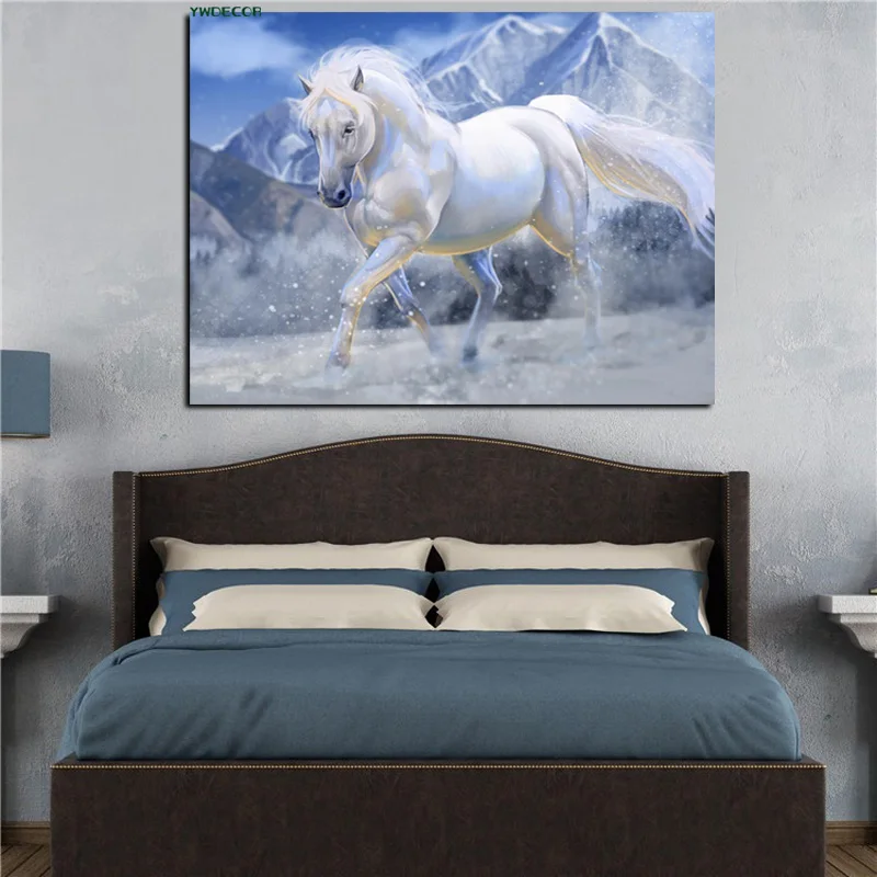 YWDECOR Print Horse Drawing White Run Oil Painting on Canvas Horse Animal Minimalism Modern Wall Art Picture for Kid Room Decor (2)