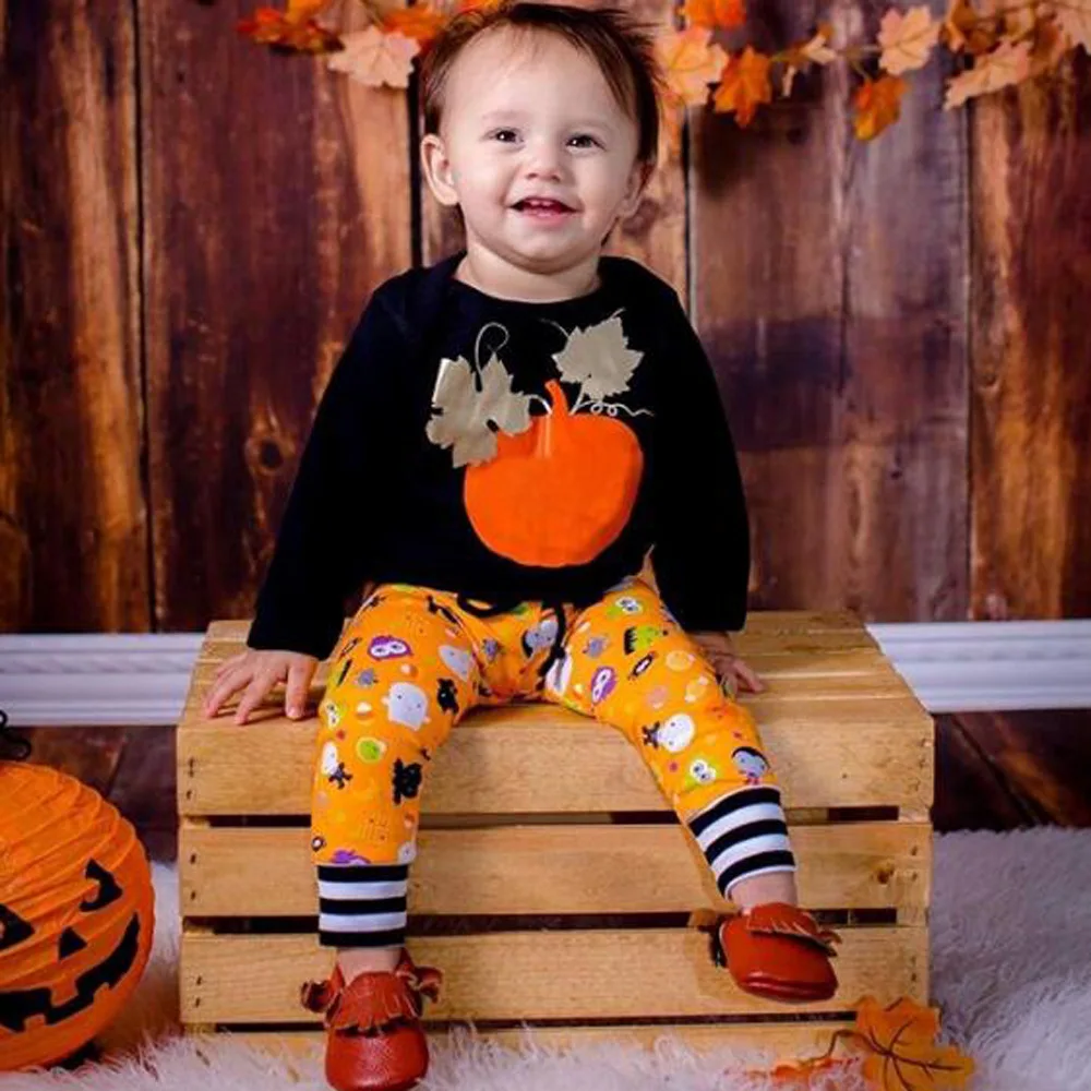 Хэллоуин для маленьких мальчиков одежда Pumpkin Jumper футболки с шорты с цветочным принтом для девочек Летняя повседневная одежда детская