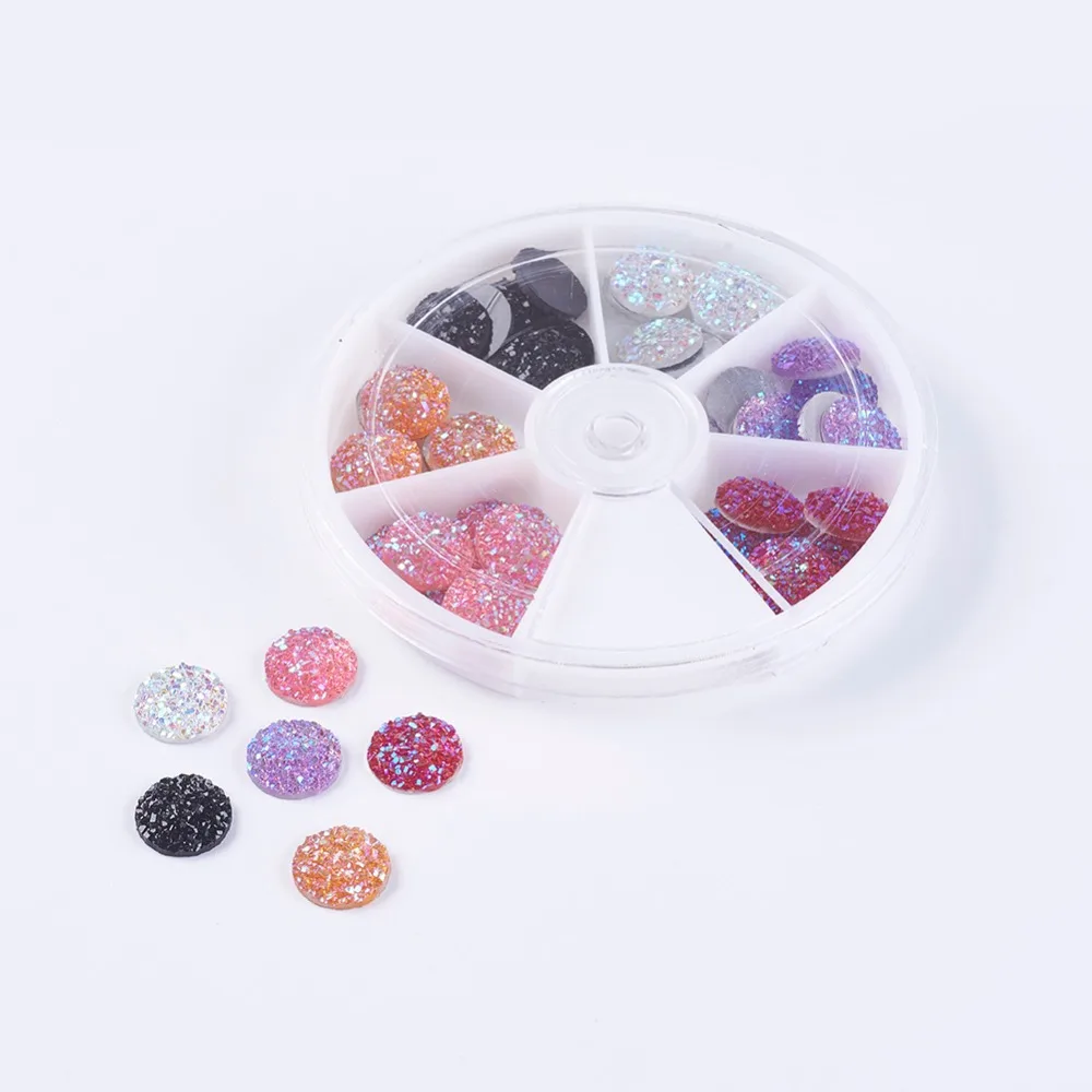 

Mixed Color&Shape Resin Cabochons; Flat Round, Imitation Druzy Agate, AB Color Plated, 12x3mm; about 7pcs/compartment, 42pcs/box