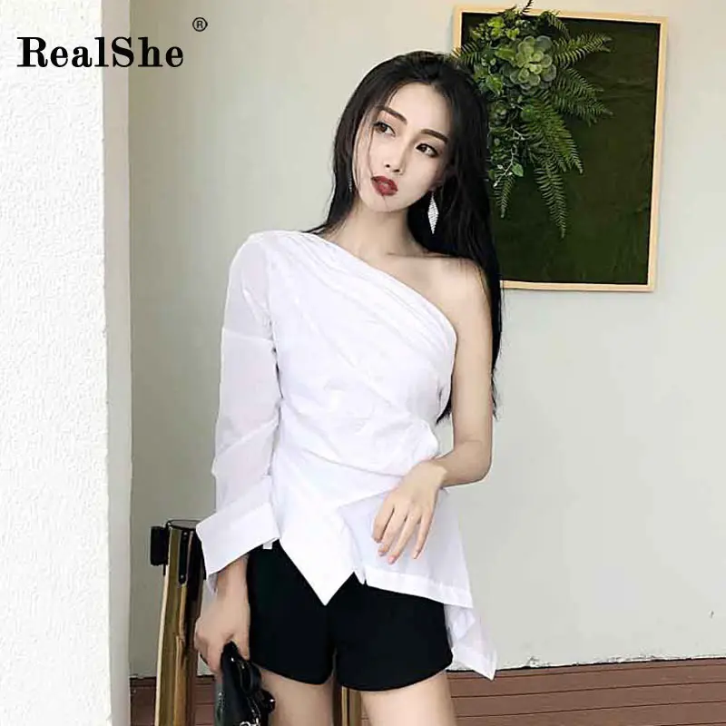 RealShe 2019 рубашка женская Skew Colla длинный рукав Кнопки Твердые Свободная Женская рубашка Летняя мода Повседневная Блузка и топы