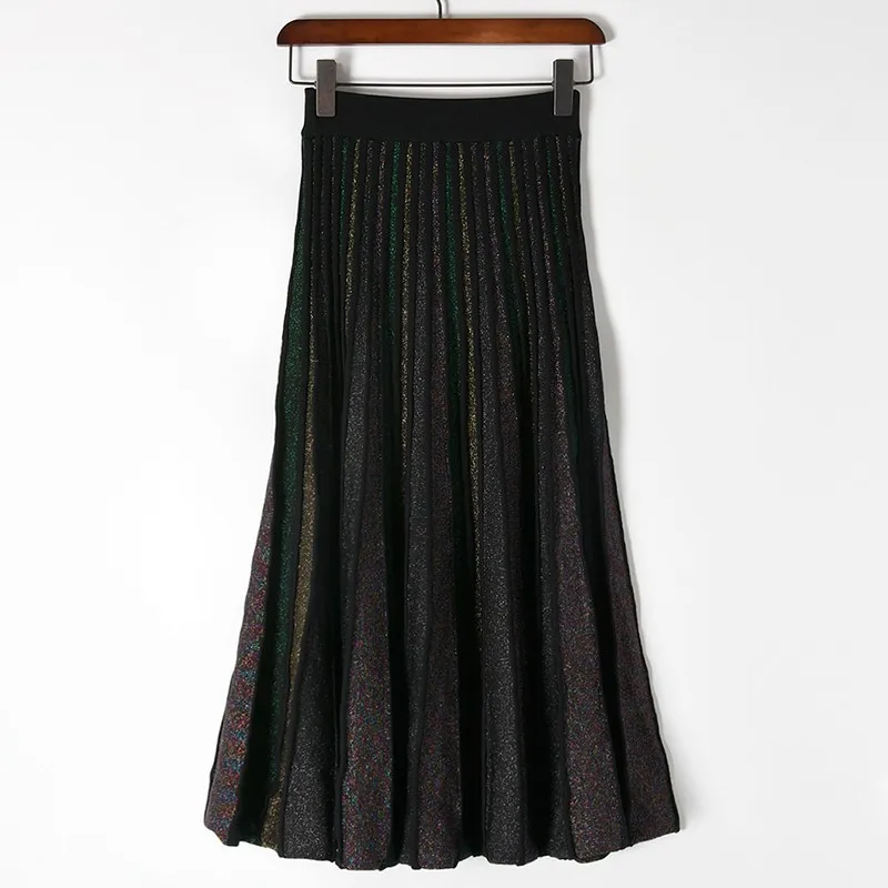 Элегантная блестящая плиссированная юбка для женщин осень зима вязаные юбки для женщин шикарный свитер А-силуэта длинная юбка для женщин Ретро блестящая юбка