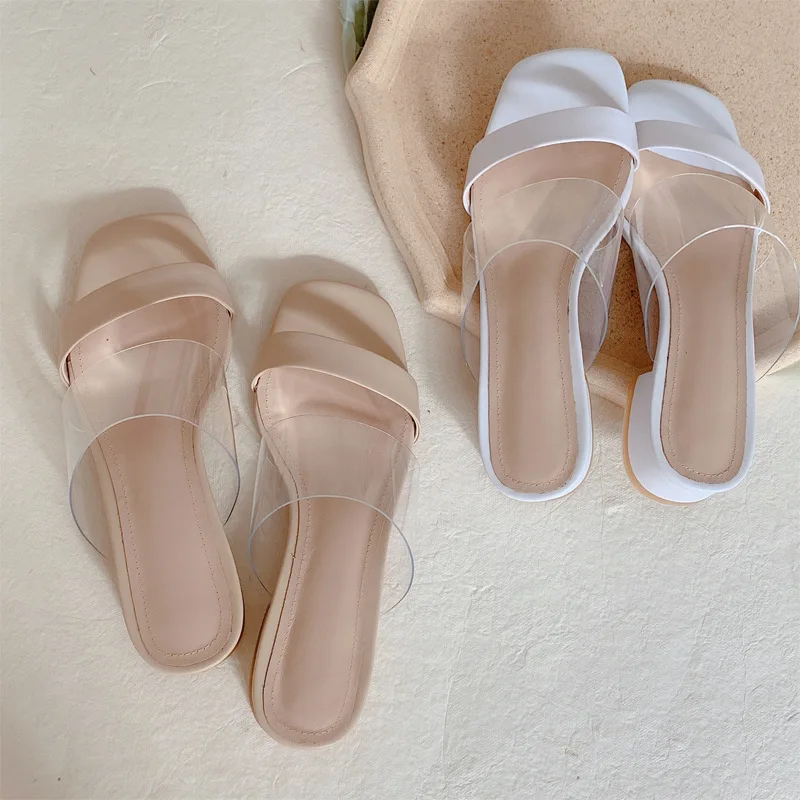 

White word with thick heel with cool drag female summer fashion outside wear leather square head transparent low with leaky toe