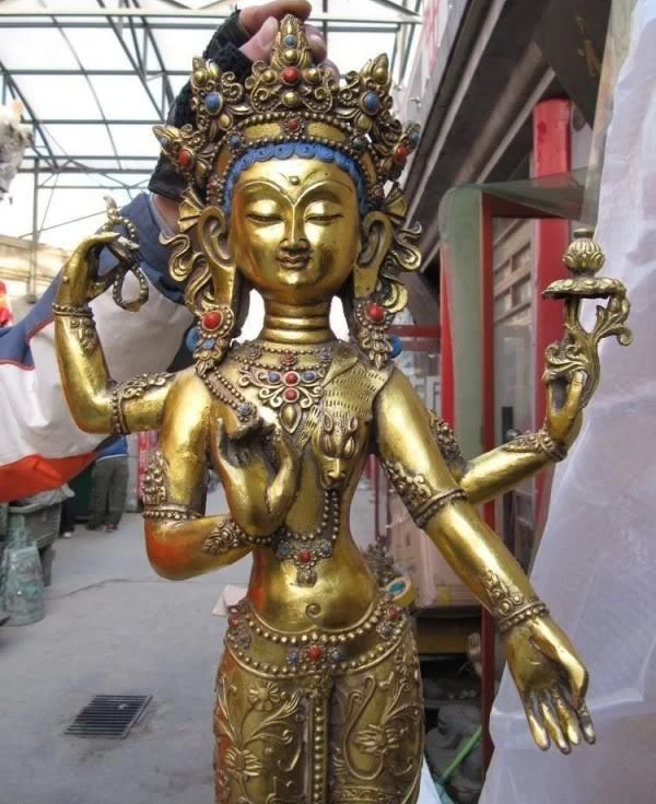 

29 Tibet Buddhism Bronze Copper Gild Four Armed Kwan-Yin Guan yin Buddha Statue