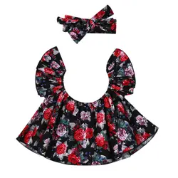 2017 2 шт. с открытыми плечами для девочек-детская одежда для девочек с цветочным рисунком, рукава-крылышки укороченный Блузка + повязка на
