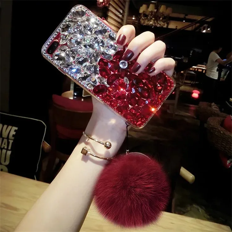 

Luxury Full Diamond Jewelled Rhinestone Plush ball Chain Phone Silicone Cover Case For iPhone 7 6 S 8 plus X XS XR MAX Girls