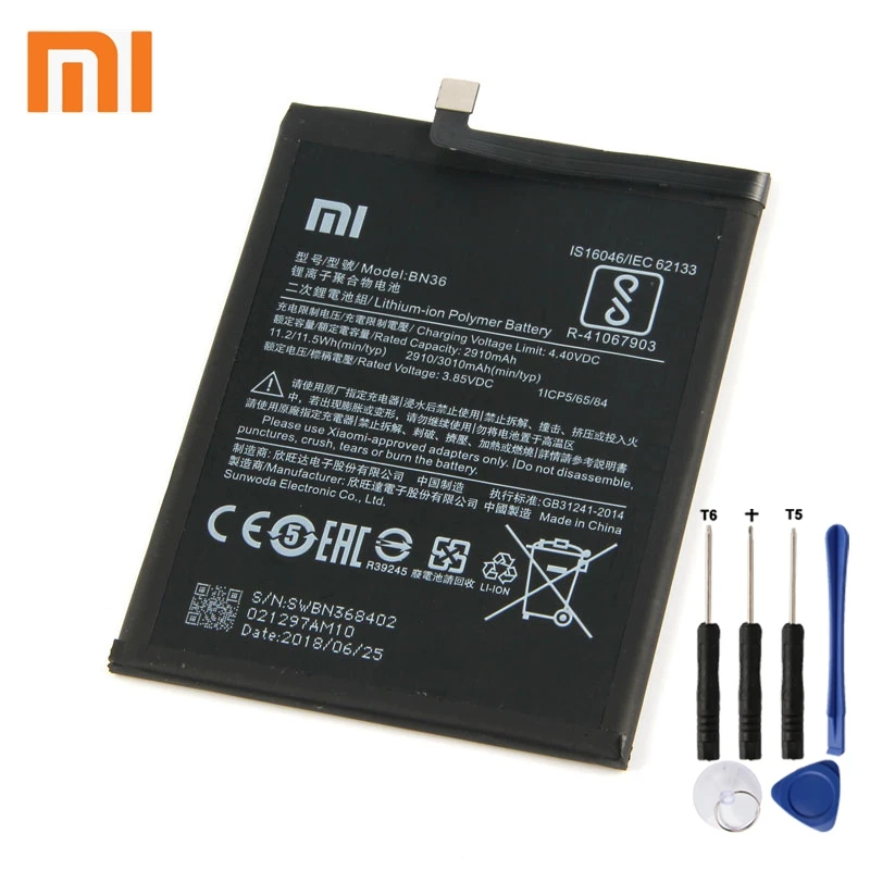 

Xiao Mi Xiaomi Phone Battery BN36 For Xiao mi 6X 3010mAh BN36 Original Replacement Battery + Tool
