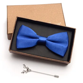 

Fashion Mens Solid Color Bowties with Deer Head Brooch Black Blue Red Butterfly Tie Wedding Party Bowtie Cravat Gift Box Packing