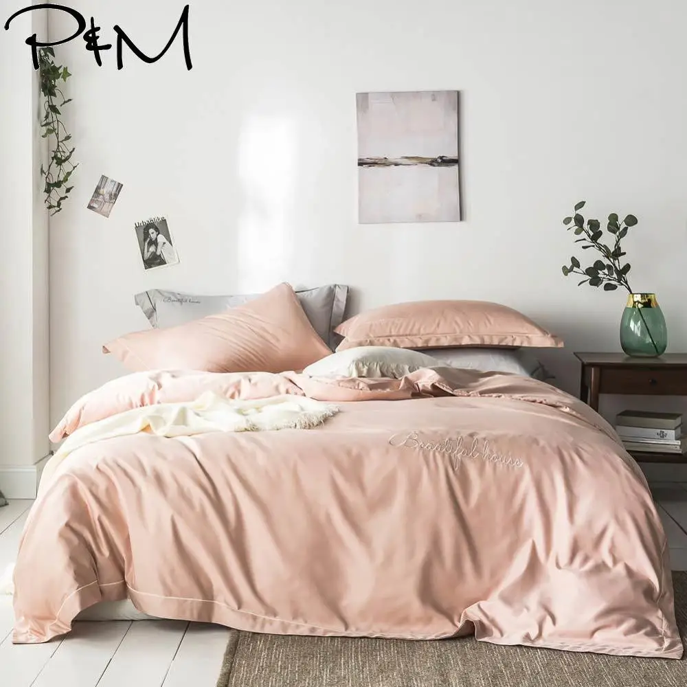 

2019 Light Salmon Nordic Brief Embroidery Queen King Size Flat Sheet Artificial Silk Duvet Cover Set Satin Bedding Set