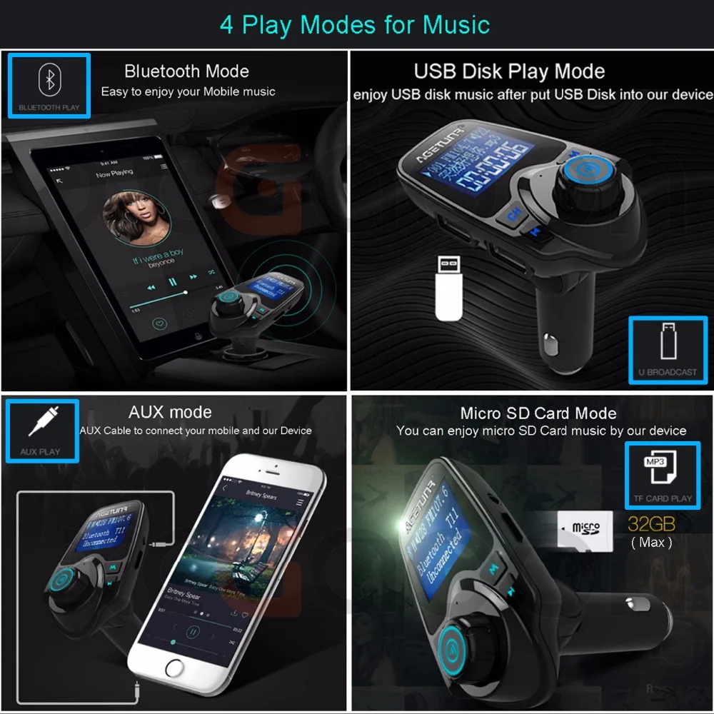 AGETUNR T11 Bluetooth автомобильный комплект громкой связи MP3 плеер fm передатчик 2 USB