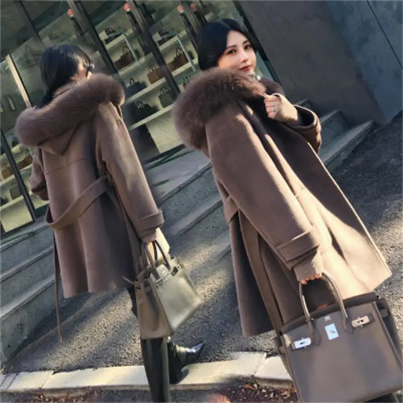 Модное женское шерстяное пальто с меховым воротником и капюшоном, женское длинное Свободное пальто с секциями, новинка, Корейская версия Низи, толстое шерстяное пальто