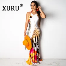 XURU Summer New Women's Print Sexy Dress Open Back Round Neck Sleeveless Halter Dress Bohemian Beach Maxi Dress geo print open back halter dress