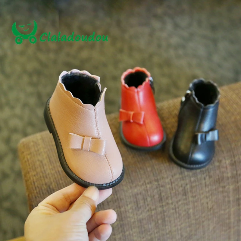 

Claladoudou 11.5-15.5CM Genuine Leather Girls Fashion Boots Winter Fluff Zip Ankle Booties Bowtie Pure Princess Baby Shoes 11