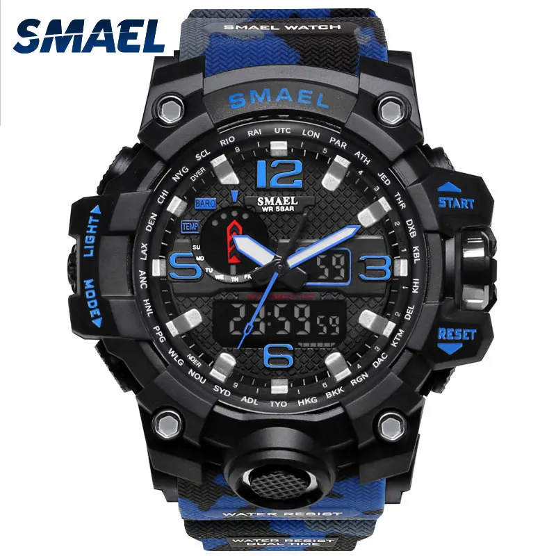 SMAEL часы мужские спортивные часы мужские большие часы военные часы Роскошные армейские часы 1545 masculino светодиодный Будильник цифровые часы водонепроницаемые - Цвет: Camo Blue