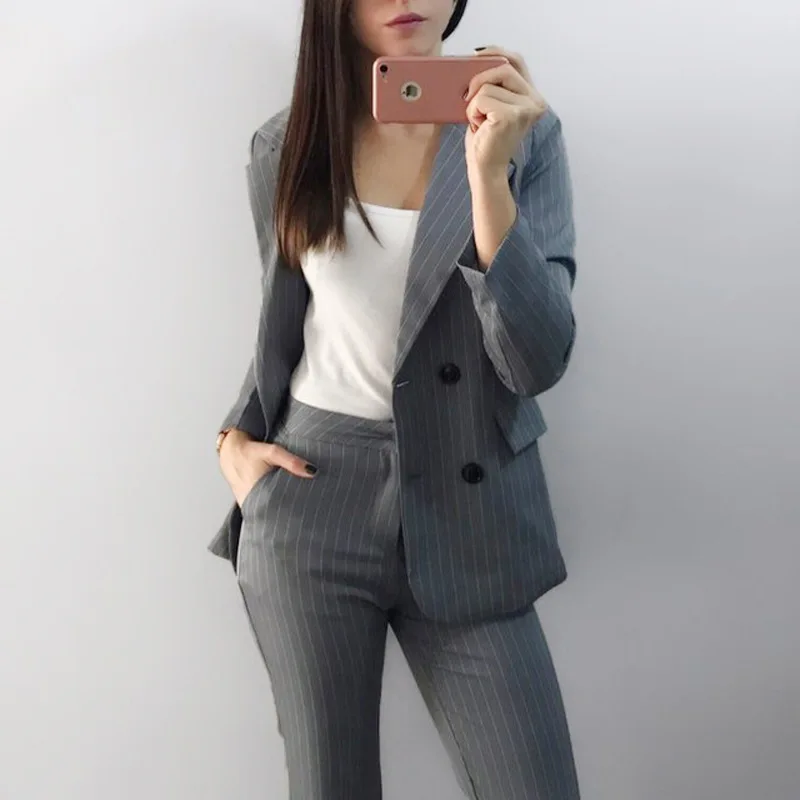 

Autumn new chaquetas mujer 2019 office lady uniform jacket striped straight trousers two-piece plus size Single breasted blazer
