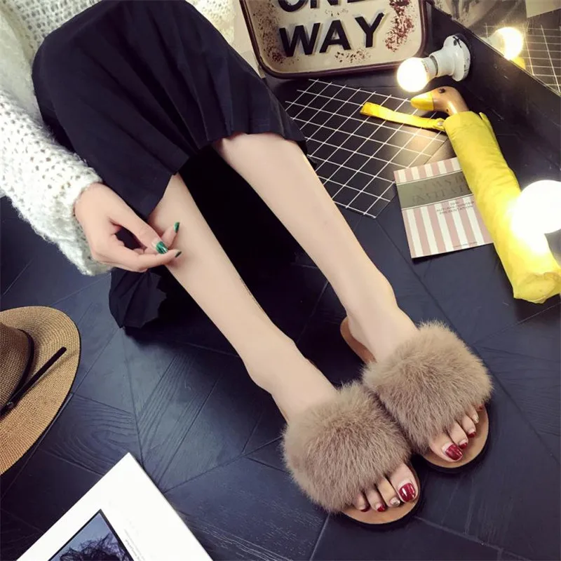 Summer Slippers Womens Ladies Slip On Sliders Fluffy Faux Fur Flat Slipper Sandal New Casual Shoes Woman zapatos mujer