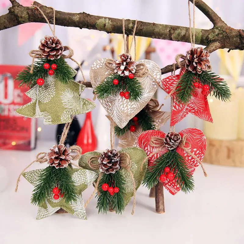 

Christmas Home Bar Hanging Decoration Christmas Xmas Star Love Heart Tree Pattern Tree Cloth Pendant with Pinecon 3 Pcs