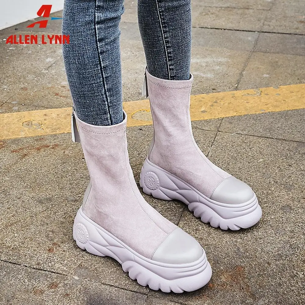 

ALLEN LYNN 2020 New Flock Genuine Cow Leather Ankle Booties Women 2020 Autumn Zipper Flat Platform Thick Heels Shoes Woman