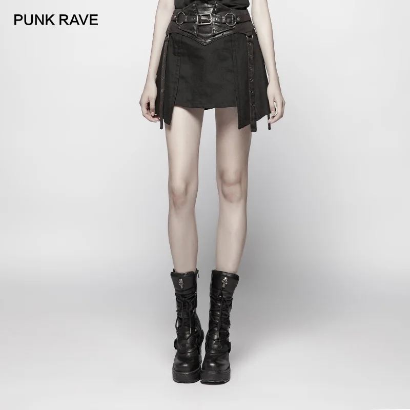 

PUNK RAVE Women's Punk Rock Punk Girdle A-line Half Skirt Fashion Young Girls Club Skirt Streetwear Metal Decoration
